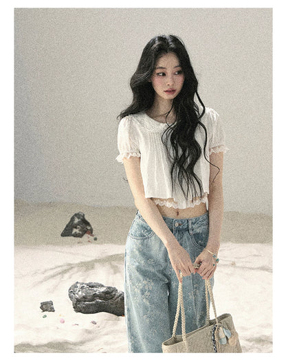 "Speechless Moonlight" Cloud White Lace Puff Sleeve Crop Top 74555
