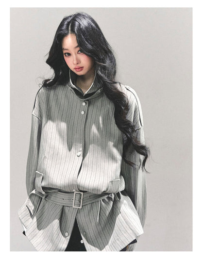 少也眼 “St. Martin Academy” French-British Striped High-Neck Jacket with Belt – Gray 94161