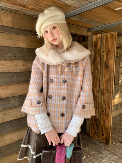 RF - Orange Plaid Cropped Cape Coat with Apricot Faux Fur Collar