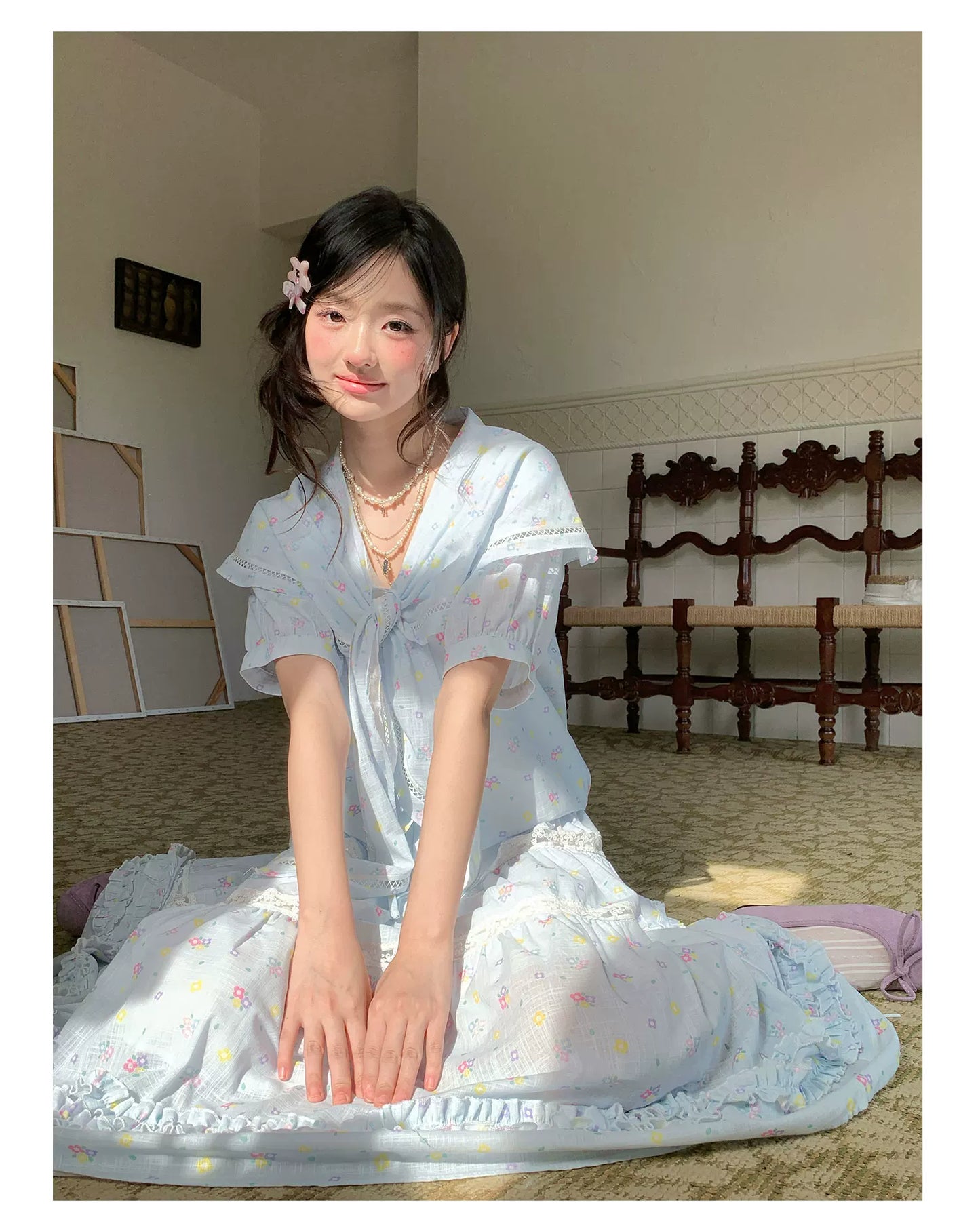 “Blue Blossom Chronicle” Ice Blue Floral Skirt Set