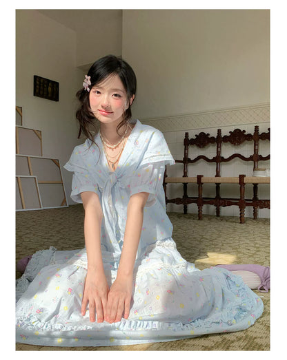 “Blue Blossom Chronicle” Ice Blue Floral Skirt Set