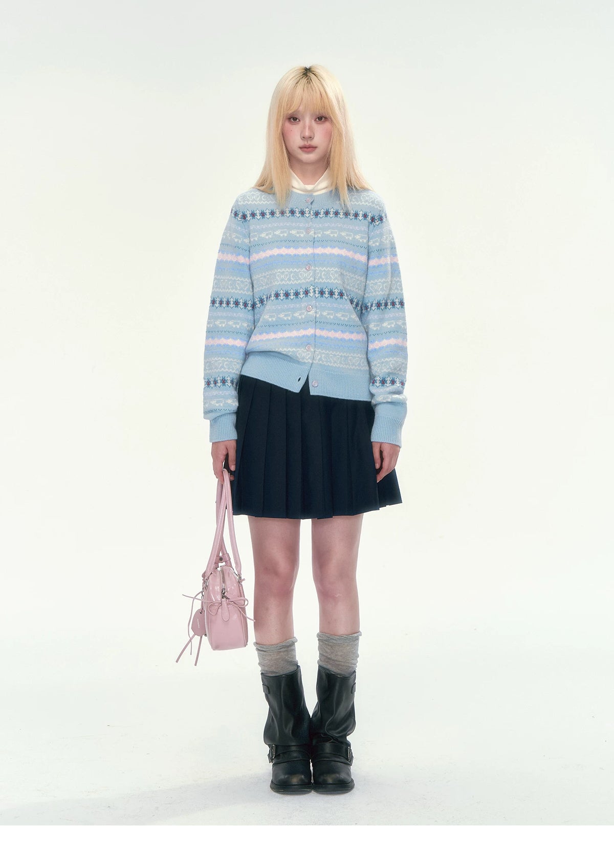 [CAN] Blue Fair Isle Cropped Wool Cardigan (100% Sheep Wool)
