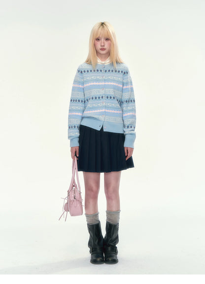 [CAN] Blue Fair Isle Cropped Wool Cardigan (100% Sheep Wool)