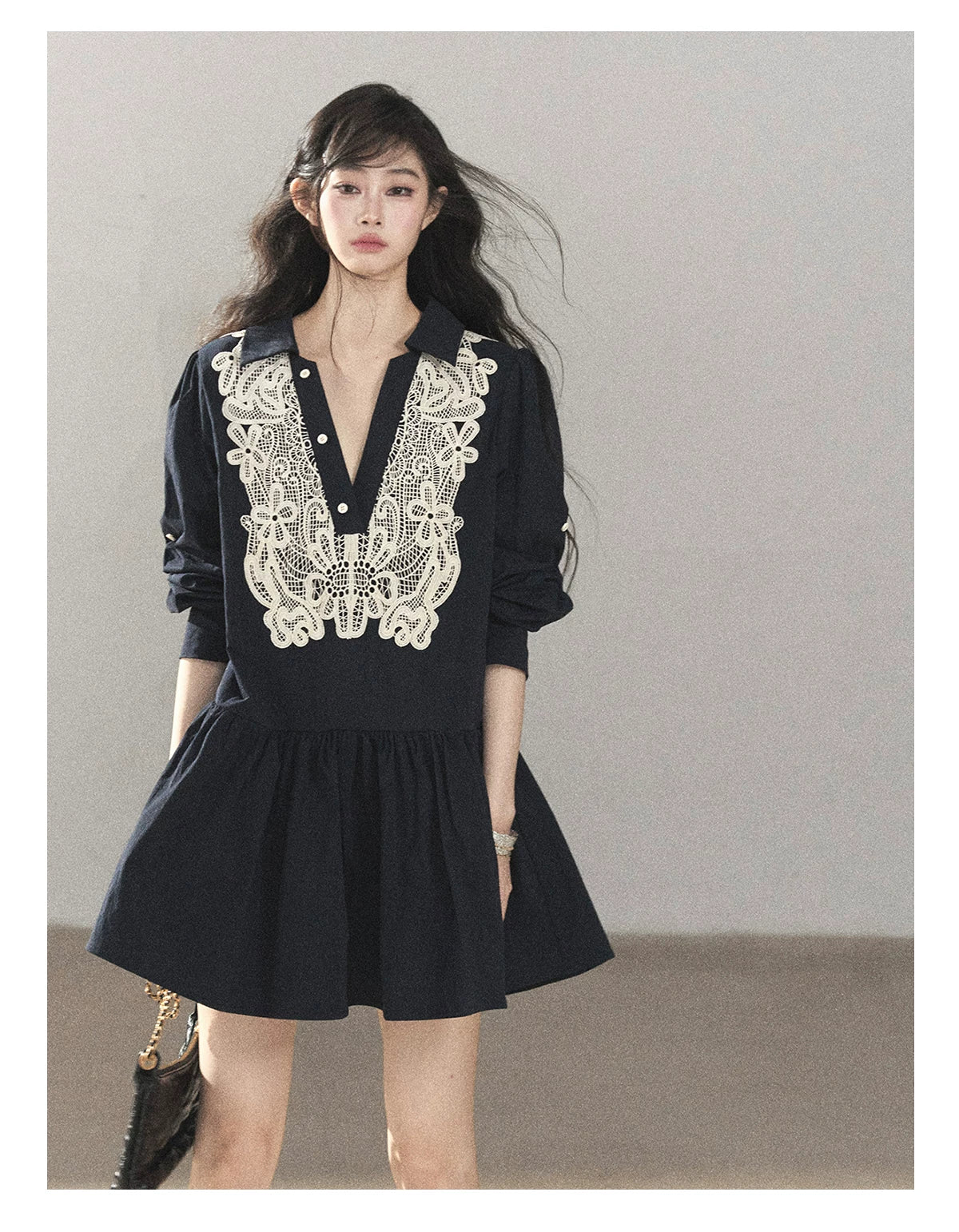 AOMALM - Navy French-Inspired Lace Shirt Mini Dress with Convertible Sleeves