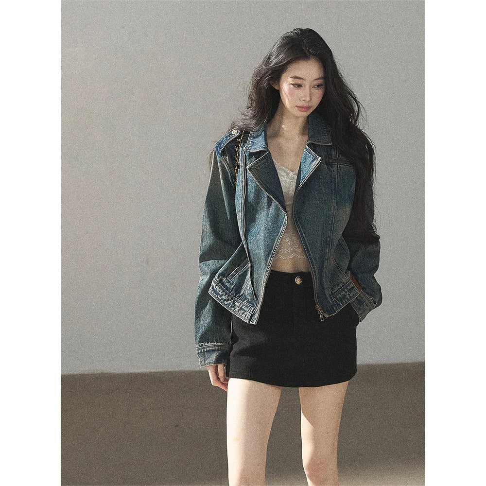 AOMALM - Vintage Blue Cropped Fitted Denim Jacket