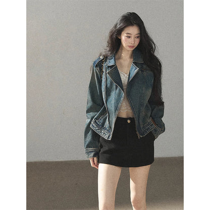 AOMALM - Vintage Blue Cropped Fitted Denim Jacket