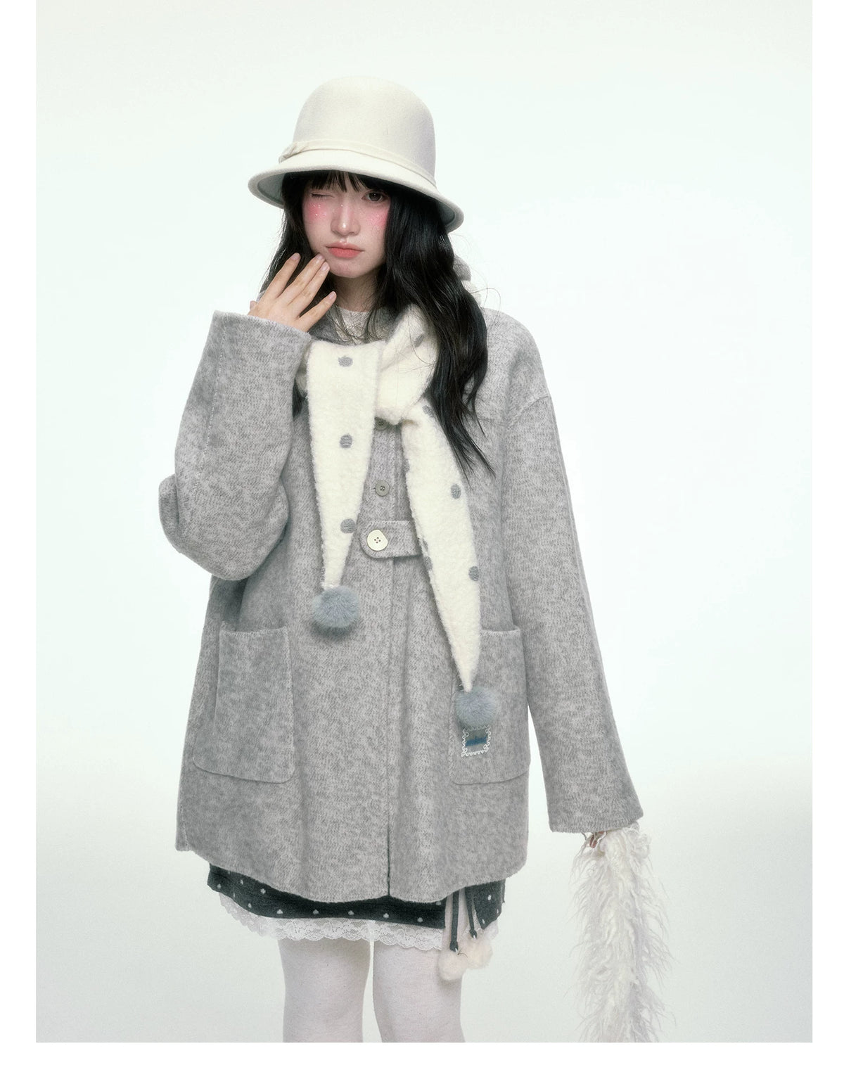 BIBIBENCY - Gray Wool-Blend Single-Breasted Coat (With White Scarf)