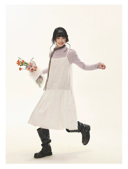 "Ivory Blossoms" Apricot Mist Beige Floral Pinafore Midi Dress
