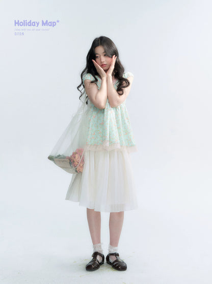 "Light Steps" Oat Apricot Pleated Lace Midi Skirt