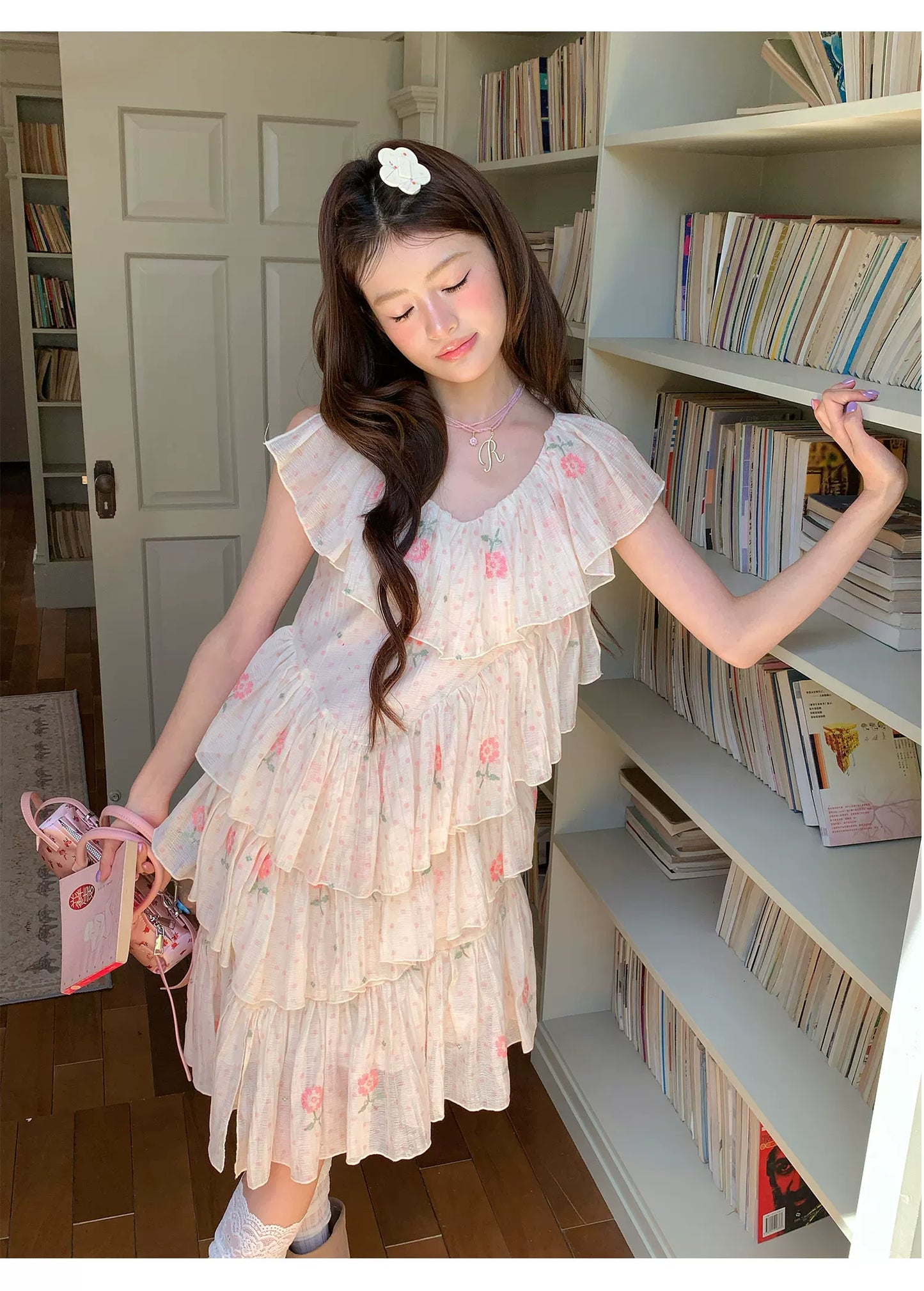 “Cloud Ruffle Reverie” Cream Apricot Floral Ruffle Dress