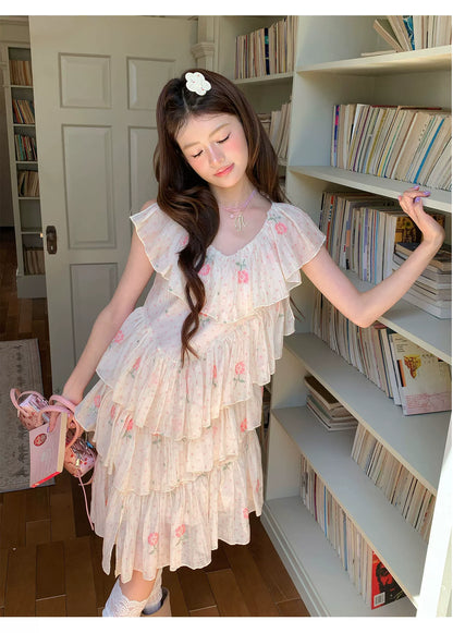 “Cloud Ruffle Reverie” Cream Apricot Floral Ruffle Dress