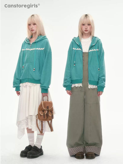 [CAN] Green Lace-Trim Waffle Knit Zip-Up Hoodie