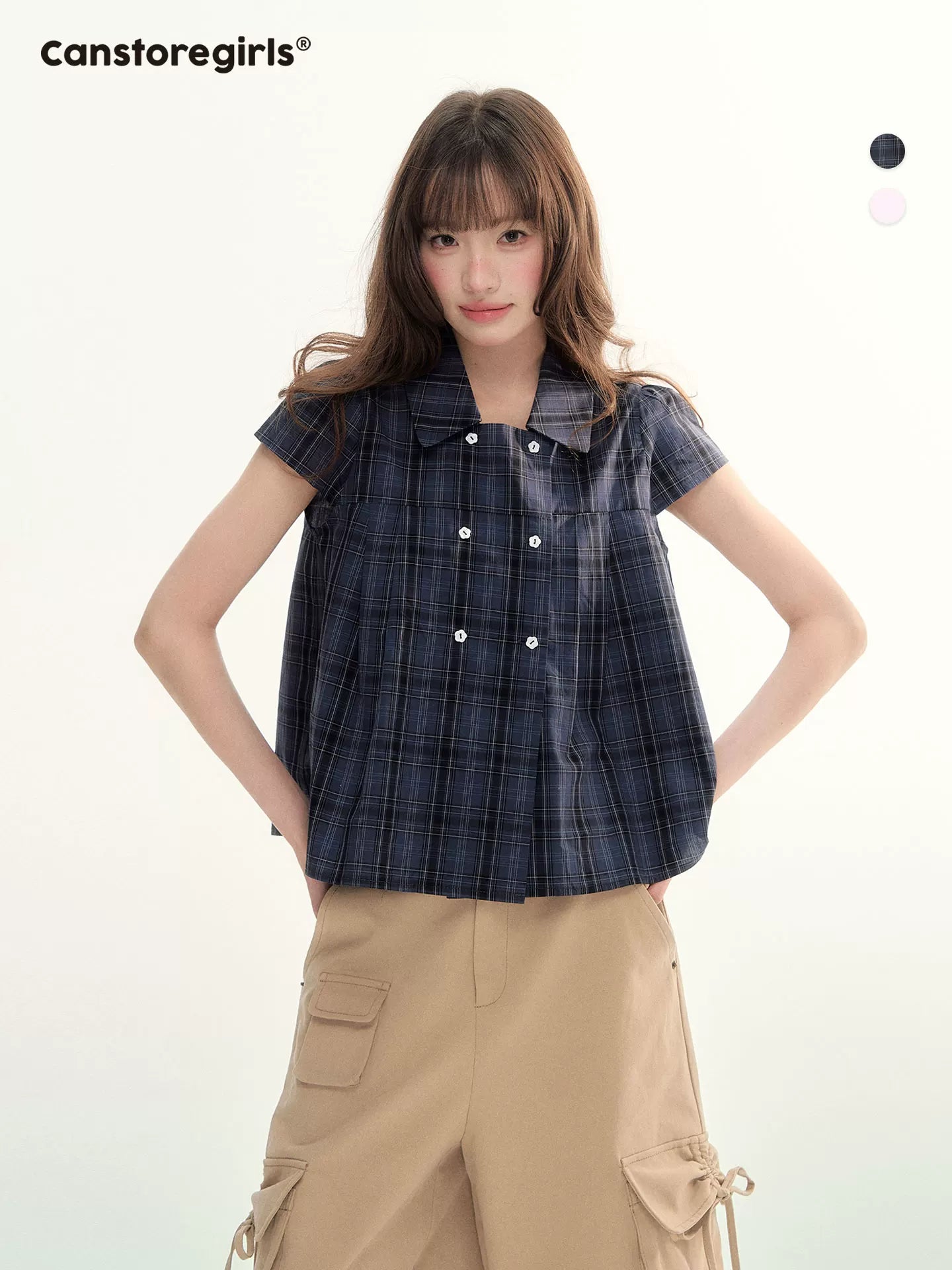 Preppy Plaid Double-Breasted Puff Sleeve Shirt LL2026007
