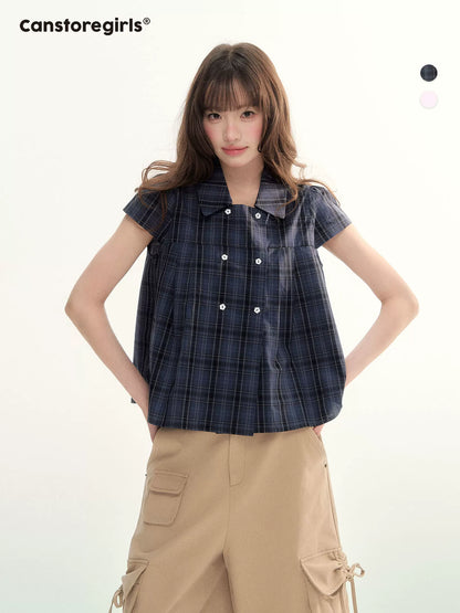 Preppy Plaid Double-Breasted Puff Sleeve Shirt LL2026007