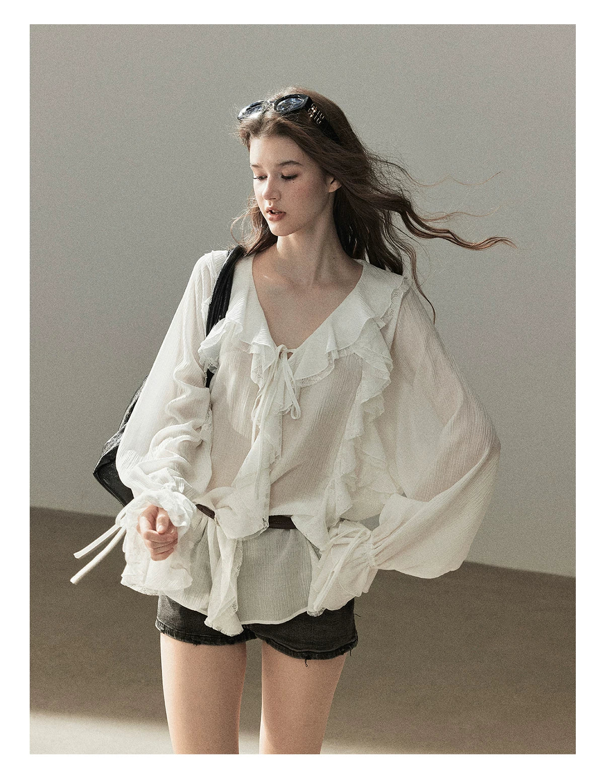 AOMALM - "A Featherlight Touch" French Camellia White Lace Chiffon Top with Belt (Camellia / Oatmeal / Cinnamon Pink)