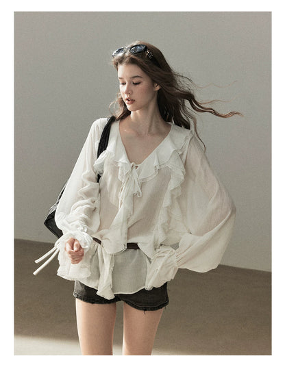 AOMALM - "A Featherlight Touch" French Camellia White Lace Chiffon Top with Belt (Camellia / Oatmeal / Cinnamon Pink)