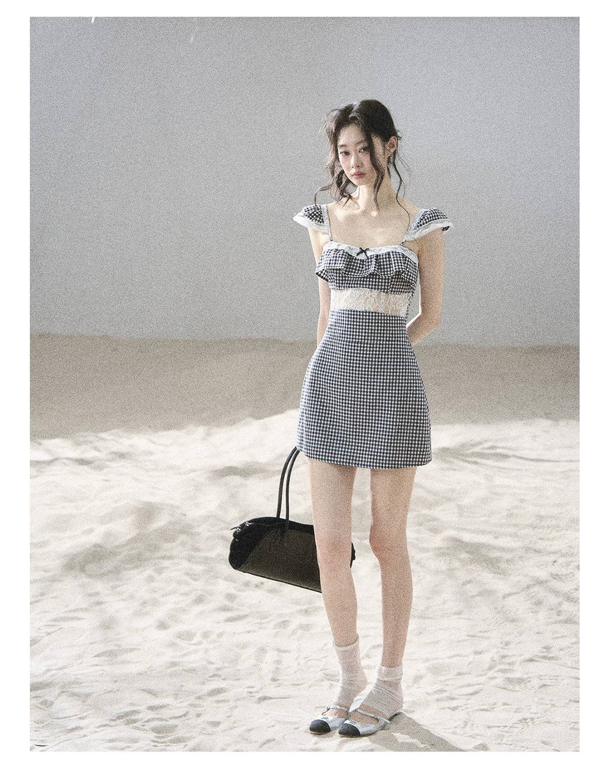 "Her in the Old Film" French Lace Plaid A-Line Mini Dress