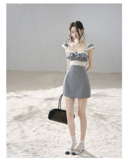 "Her in the Old Film" French Lace Plaid A-Line Mini Dress