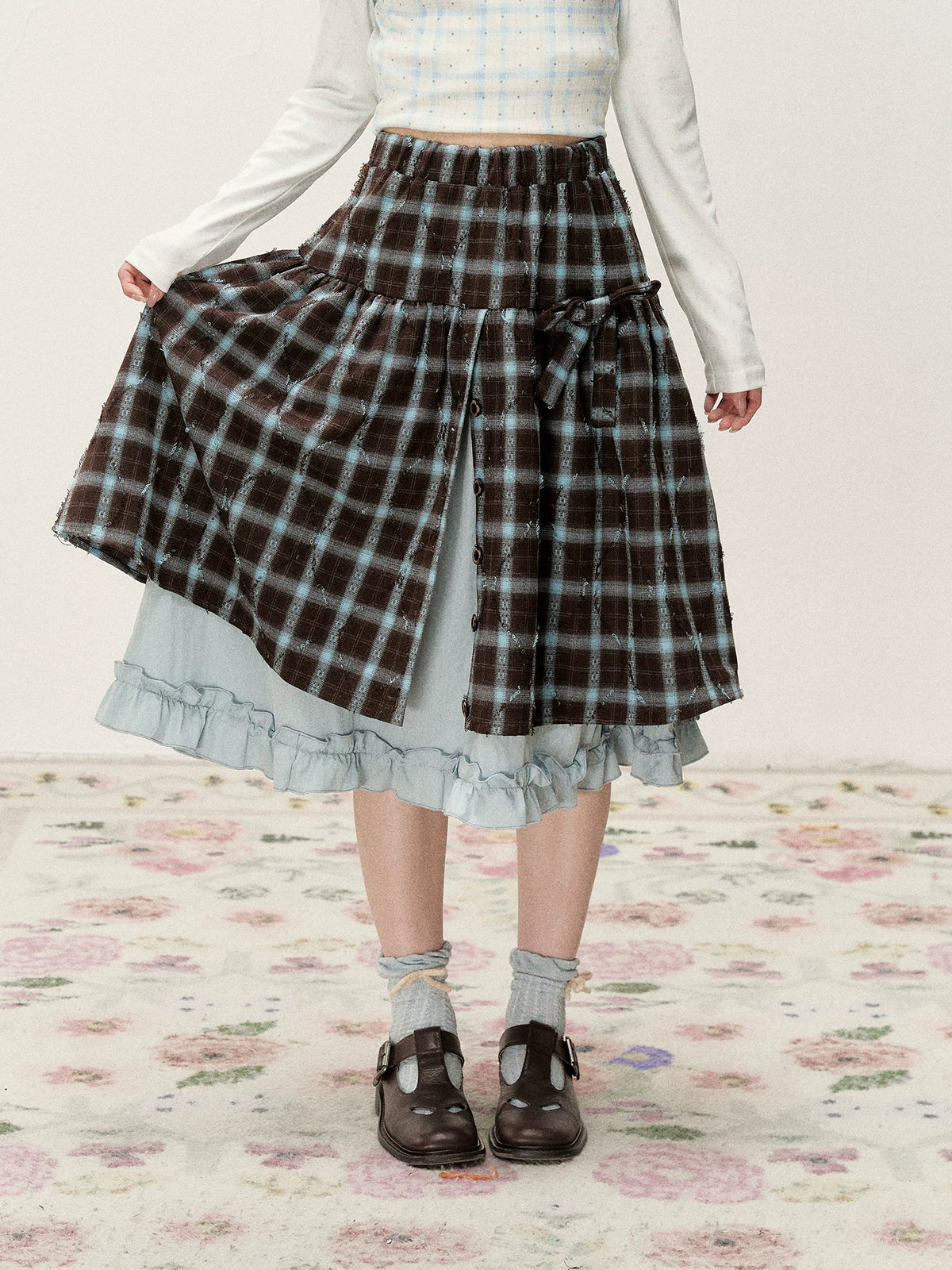 [RF] Blue & Brown Plaid Midi Skirt with Floral Buttons & Ruffle Trim