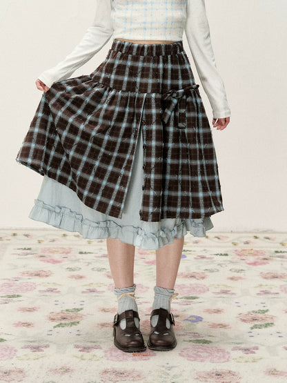 [RF] Blue & Brown Plaid Midi Skirt with Floral Buttons & Ruffle Trim