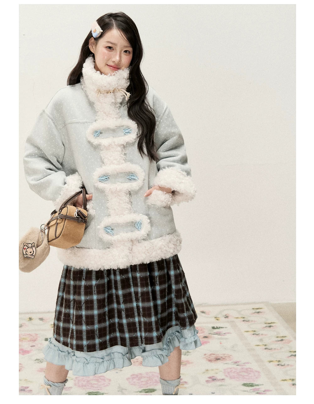 RF - Mist Blue Bow Print Suede-Look Jacket with Cream Curly Faux Fur Trim