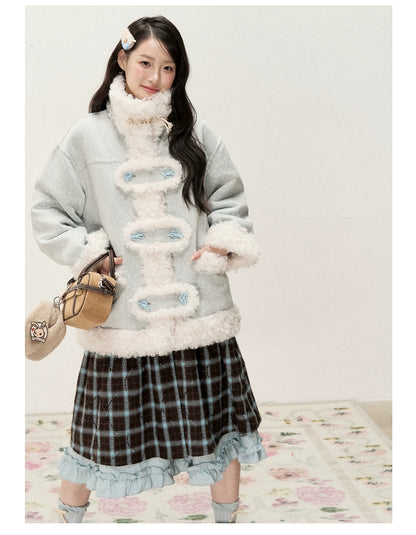 RF - Mist Blue Bow Print Suede-Look Jacket with Cream Curly Faux Fur Trim
