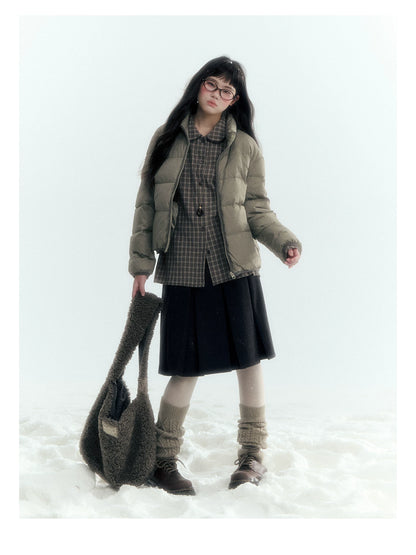 Horridale - Brown Khaki Plaid Embroidered Peter Pan Collar Shirt