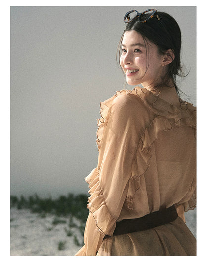 “Whispers of the Wind” Ash Caramel Lace Chiffon Blouse (With Belt)