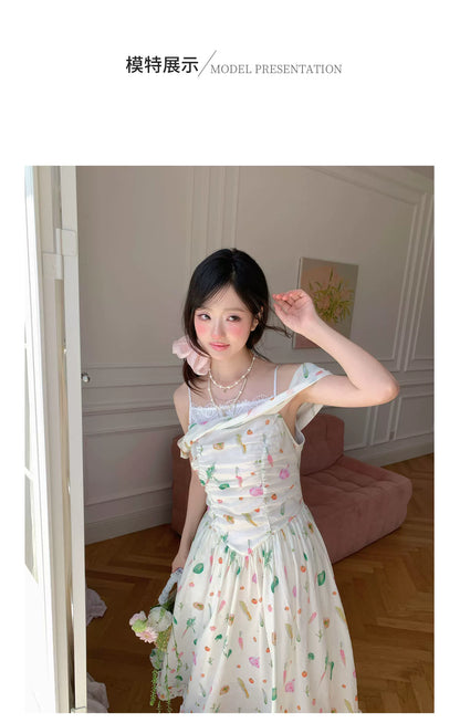 “Verdant Orchard Reverie” Beige Fruit Print Off-Shoulder Dress