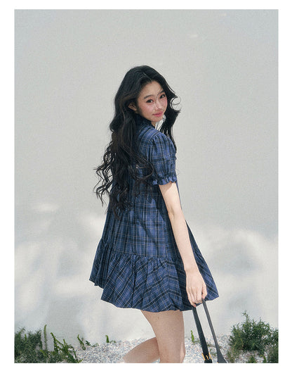 “Soft Pleats in Motion” Academy Blue Bubble Mini Dress