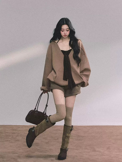 少也眼 Three-Piece Casual Hoodie Set – Loungewear Outfit in Khaki