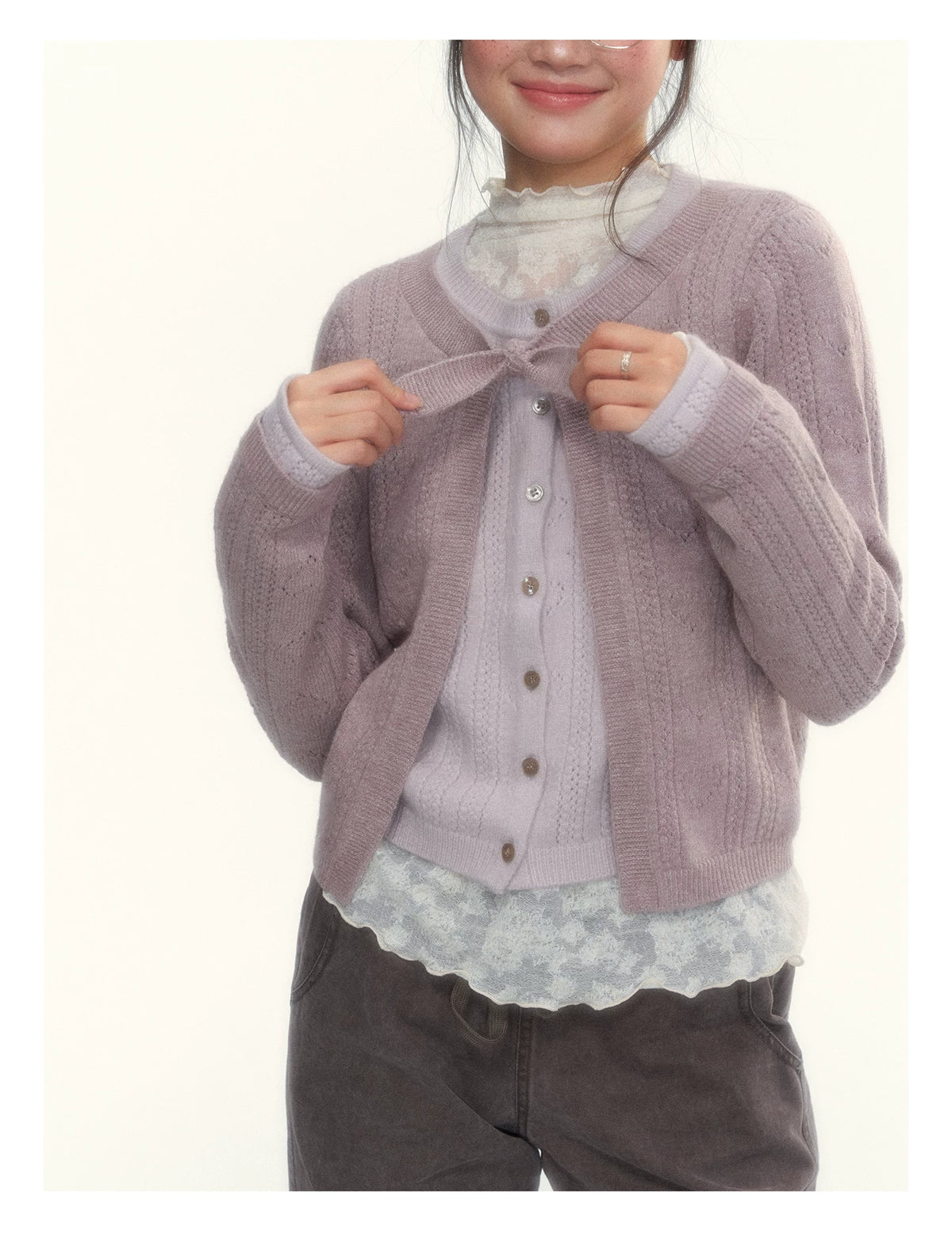 Korean Contrast Bow-Tie Layered Knit Cardigan (Blue / Purple)