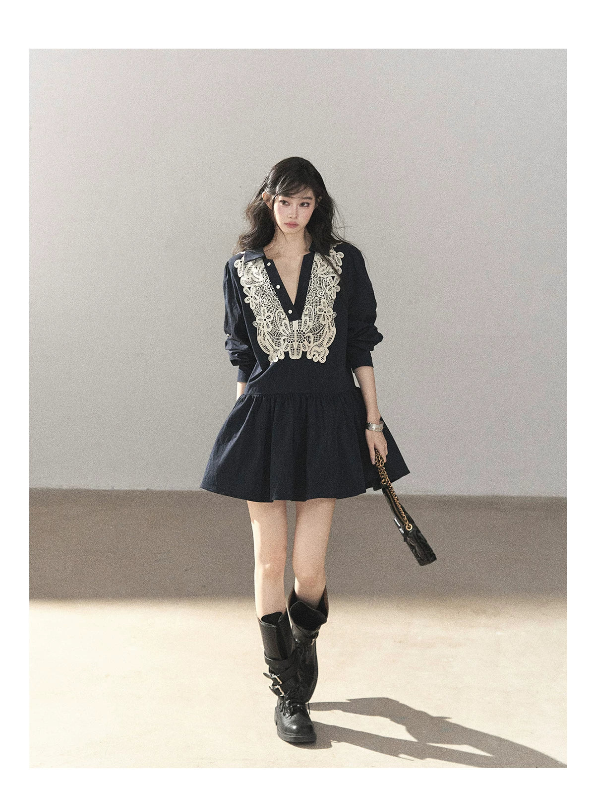 AOMALM - Navy French-Inspired Lace Shirt Mini Dress with Convertible Sleeves