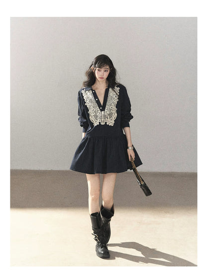AOMALM - Navy French-Inspired Lace Shirt Mini Dress with Convertible Sleeves
