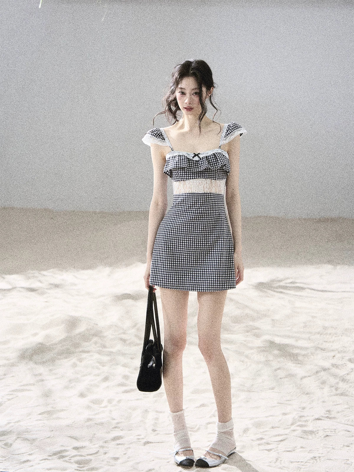 "Her in the Old Film" French Lace Plaid A-Line Mini Dress