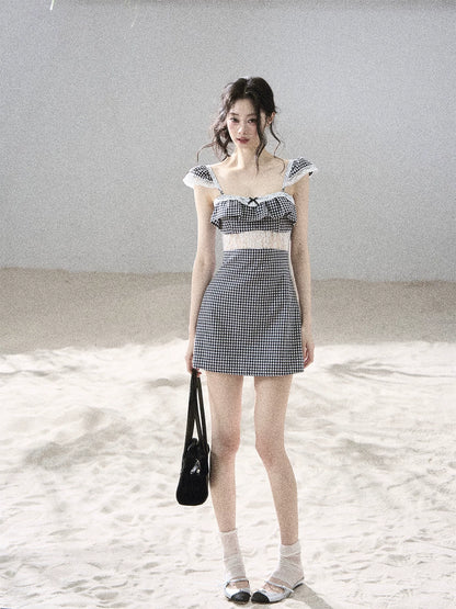 "Her in the Old Film" French Lace Plaid A-Line Mini Dress