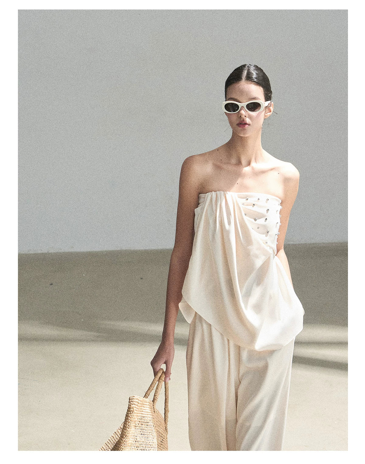 "Summer Rain at Dusk" Cream Beige Satin Two-Piece Set