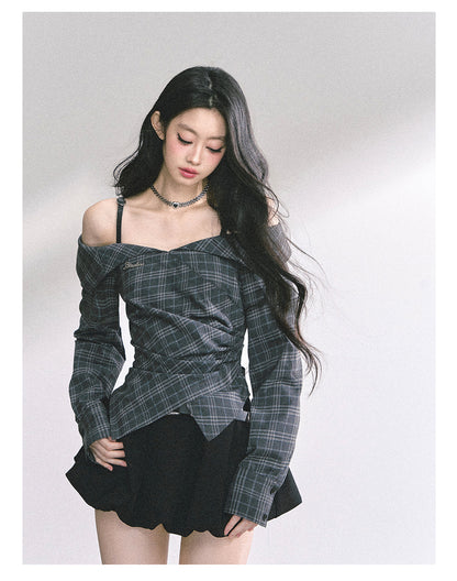 少也眼 "London Reveries" Off-Shoulder Plaid Sun-Proof Shirt - Charcoal Black