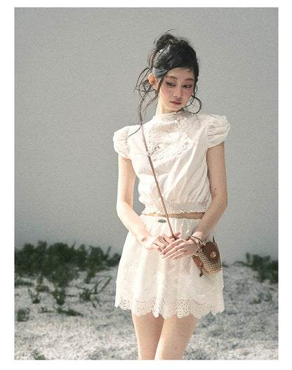 "Rose Petals in Secret" Cloud White Lace Two-Piece Skirt Set 142453