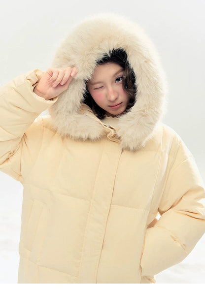 "Butter Soufflé" Vanilla Butter Hooded Mid-Length Down Coat with Faux Fox Fur Trim