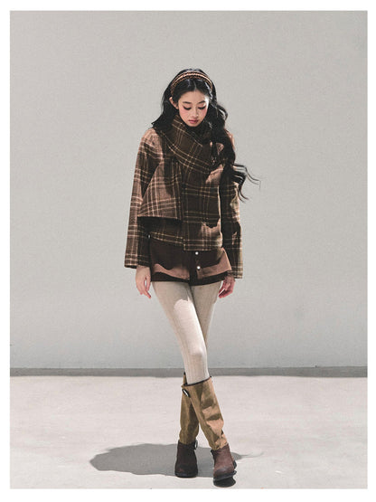 少也眼 “Twilight Forest" Woolen Oversized Coat - Plaid Brown