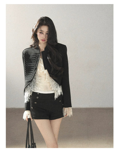 AOMALM - Black Lace Trim Cropped Jacket & Shorts Set