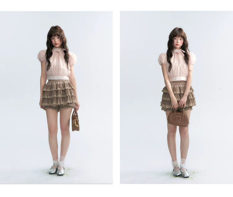 Vintage Stand Collar Bow Puff Sleeve Waist-Cinching Blouse with Knit Cami Set