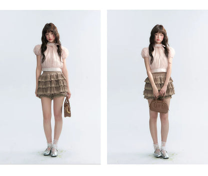 Vintage Stand Collar Bow Puff Sleeve Waist-Cinching Blouse with Knit Cami Set