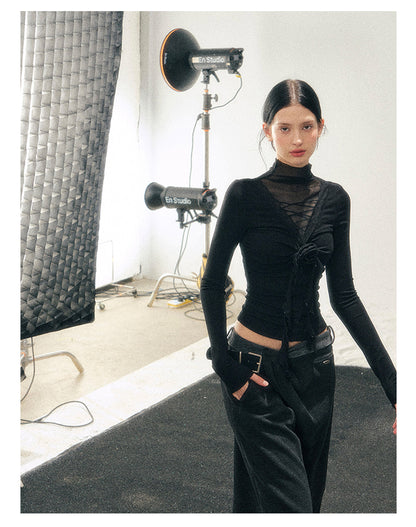 少也眼 “Vanishing Curve” Sheer Lace Turtleneck Base Top - Black