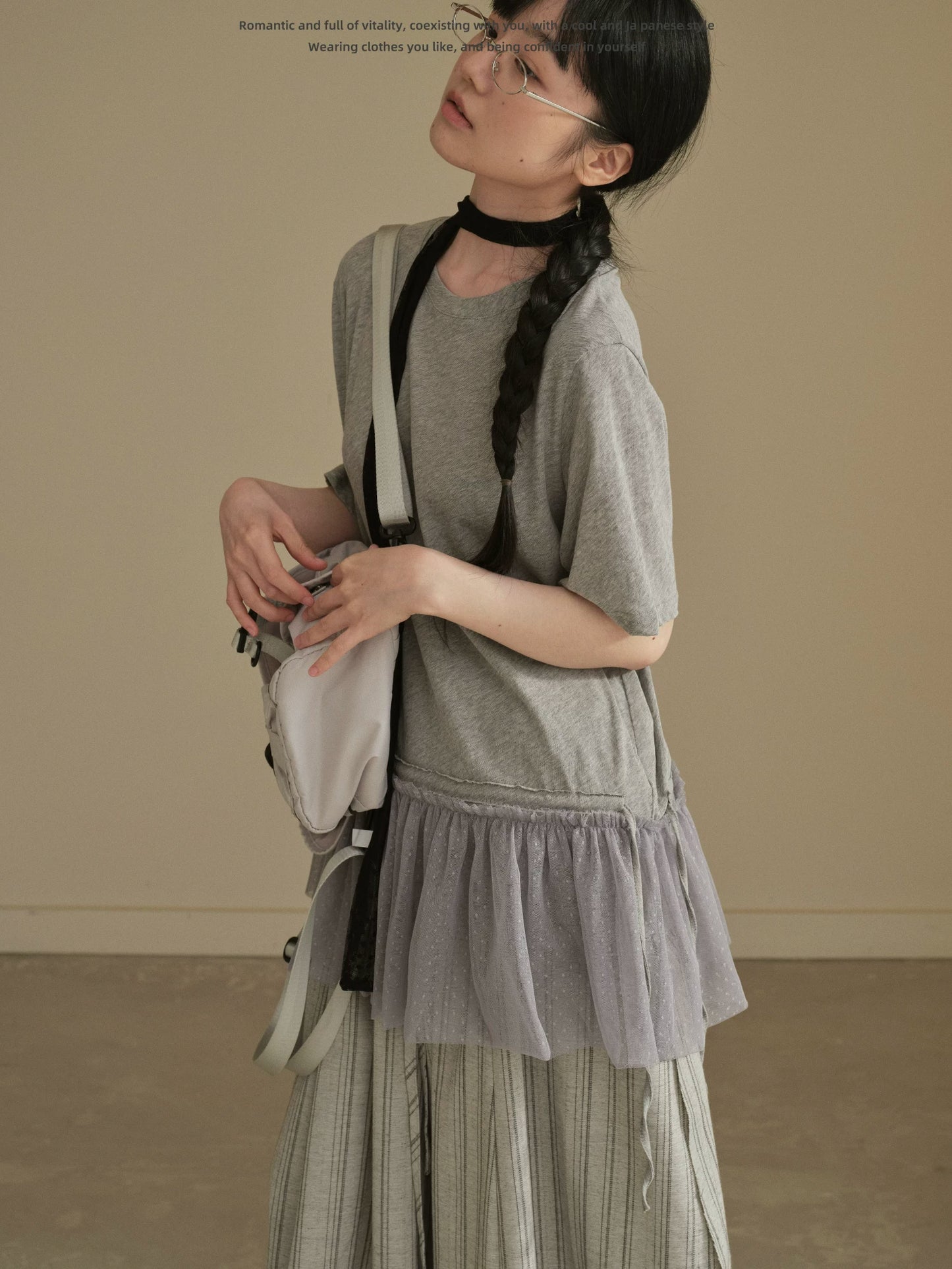 "Dot Veil" Polka Dot Mesh Panel T-Shirt (White / Gray)