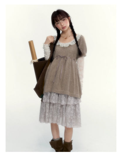 “Everyday Mist” Jacquard Lace Layering Top ( Ivory / Fog Gray )