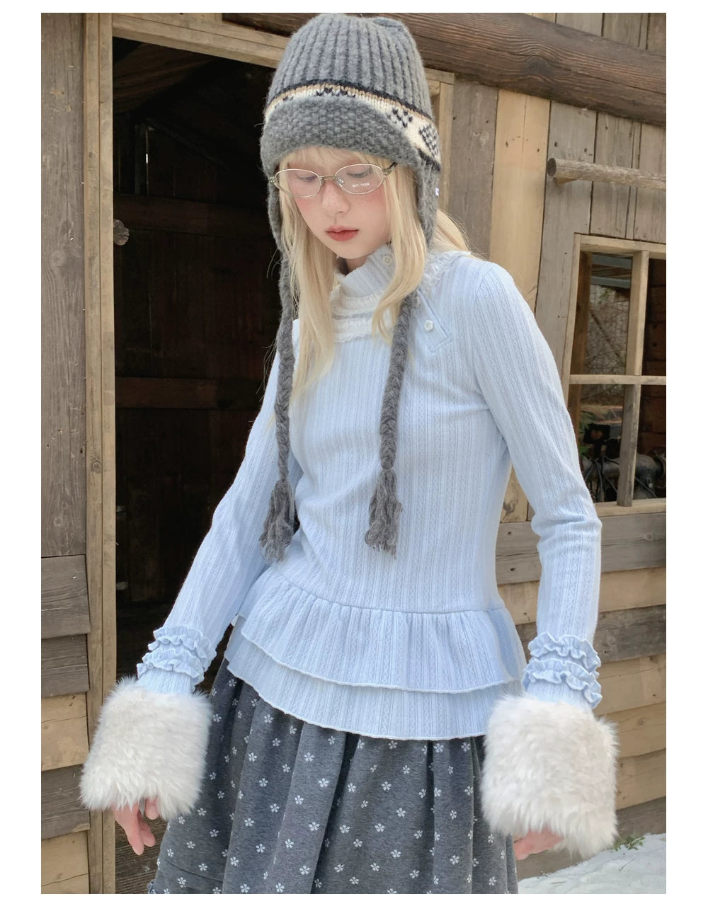 RF - Light Blue Ribbed Knit Top with Lace Collar and Double Ruffle Hem