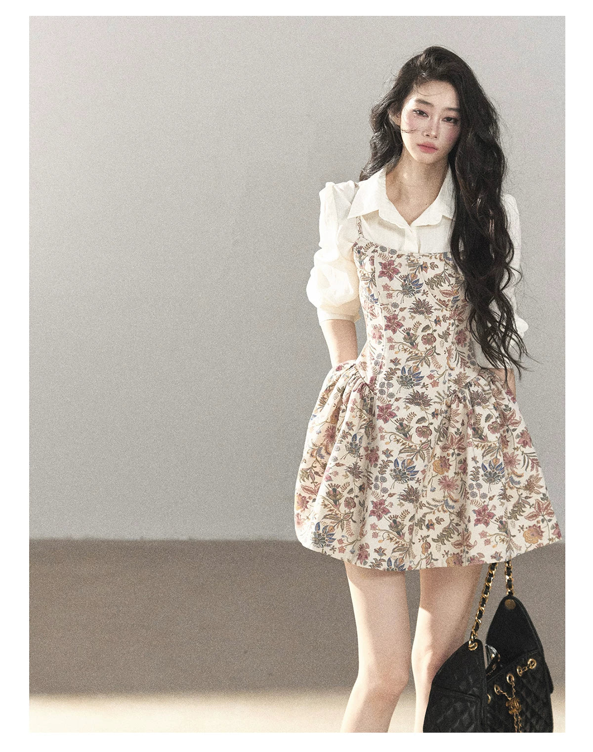 AOMALM - Dutch Cheese Floral Mini Dress & Creamy White Blouse Set