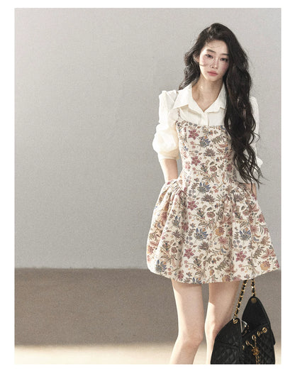 AOMALM - Dutch Cheese Floral Mini Dress & Creamy White Blouse Set